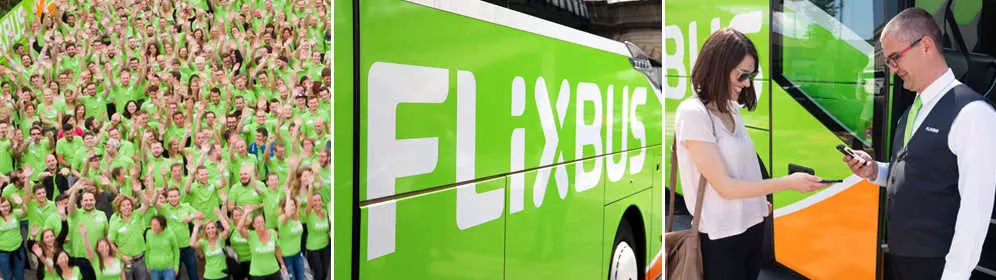 flixbus - lavy obrazok ludia v zelenom, stredny nadpis flixbus na autobude a pravy vodic s nastupujucou pred autobusom