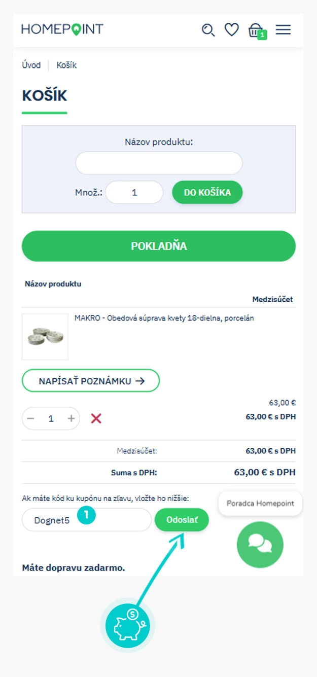 Návod ako uplatniť zľavový kód v košíku e-shopu Homepoint