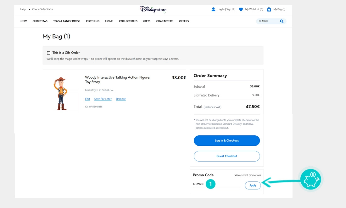 Návod ako uplatniť zľavový kód v košíku e-shopu Disney store
