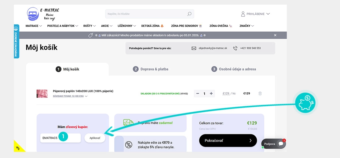 Návod ako uplatniť zľavový kód v košíku e-shopu E-matrac