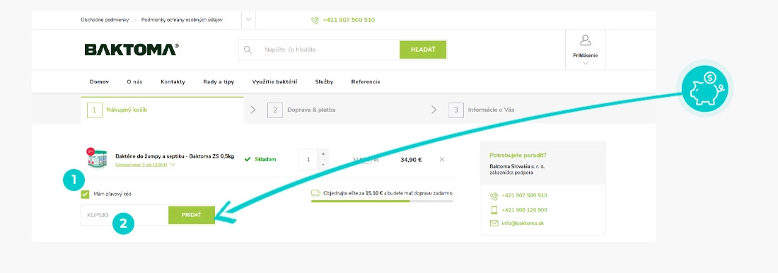 Návod ako uplatniť zľavový kód v košíku e-shopu Baktoma