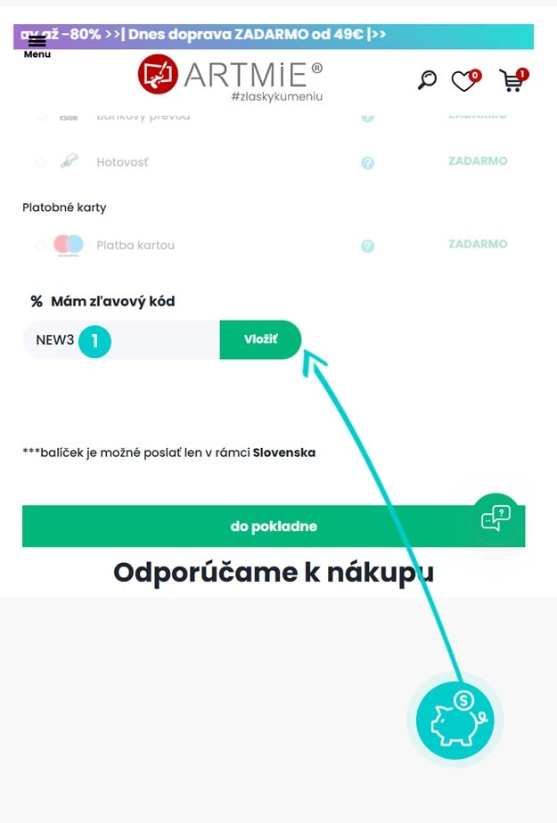 Návod ako uplatniť zľavový kód v košíku e-shopu Artmie
