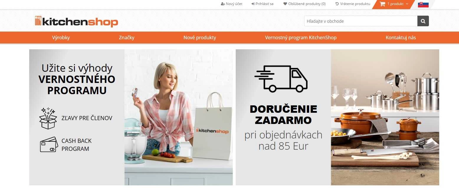 homepage KitchenShop s ukážkou vernostného programu a dopravy zadarmo