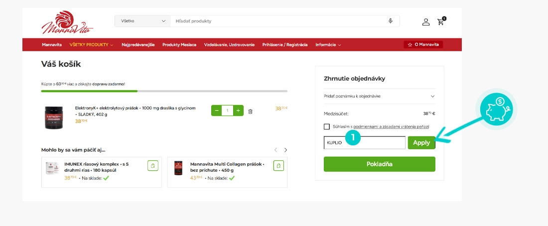 Návod ako uplatniť zľavový kód v košíku e-shopu Mannavita