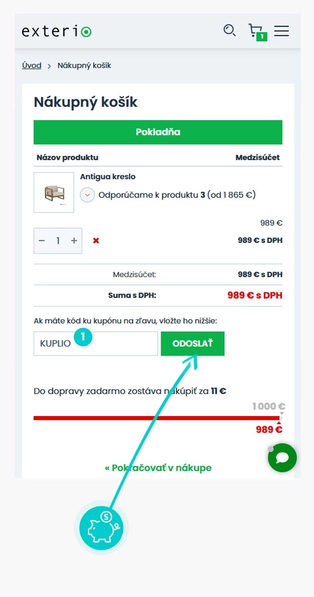 Návod ako uplatniť zľavový kód v košíku e-shopu Exterio