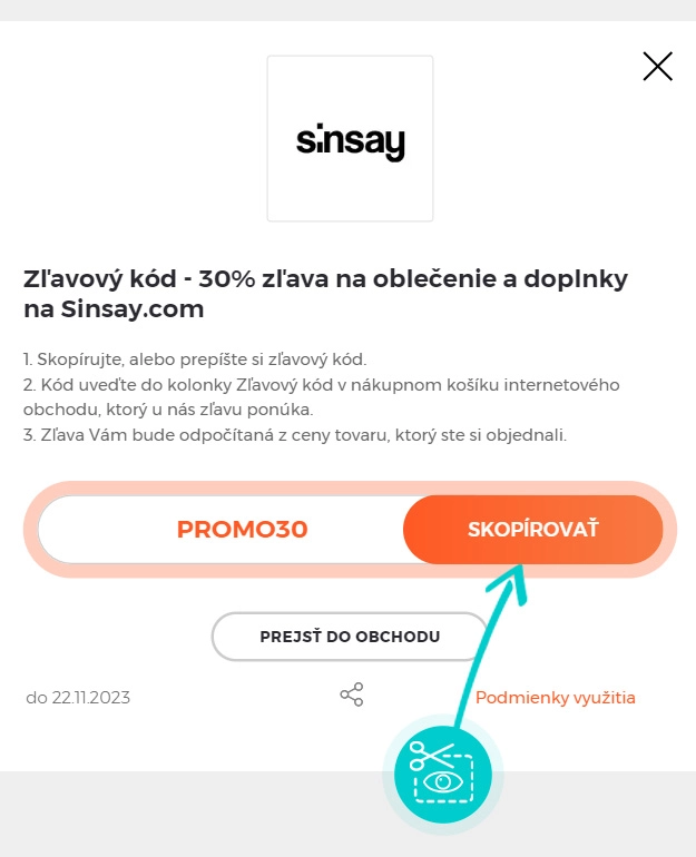 Návod ako skopírovať zľavový kód Sinsay