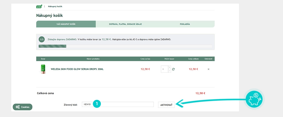 Návod ako uplatniť zľavový kód v košíku e-shopu Lekáreň AVE