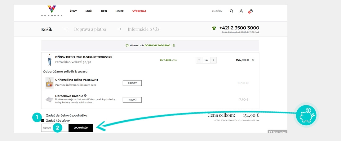 Návod ako uplatniť zľavový kód v košíku e-shopu Vermont