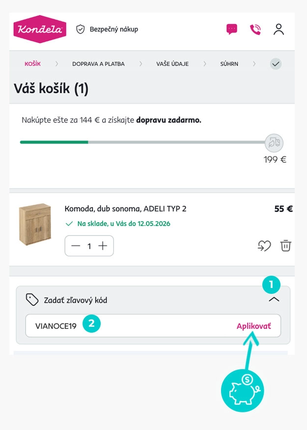 Návod ako uplatniť zľavový kód v košíku e-shopu Kondela