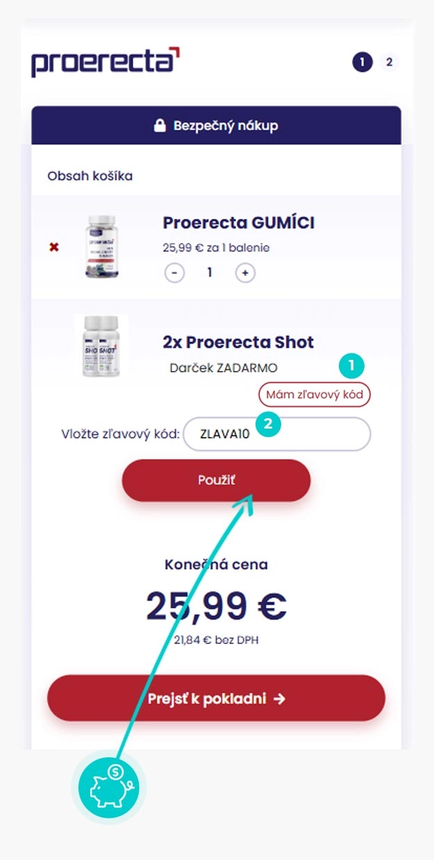 Návod ako uplatniť zľavový kód v košíku e-shopu Proerecta