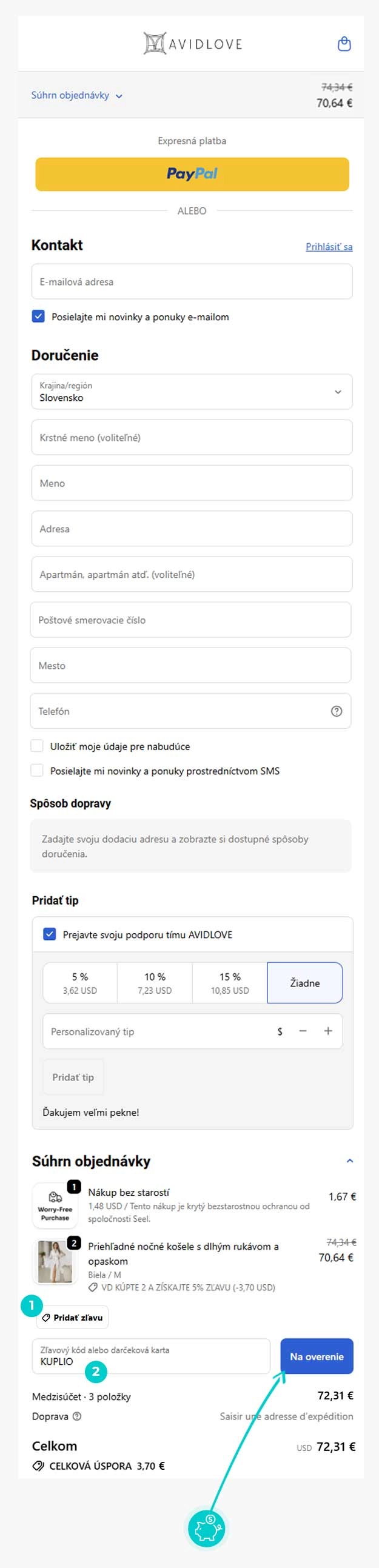 Návod ako uplatniť zľavový kód v košíku e-shopu Avidlove