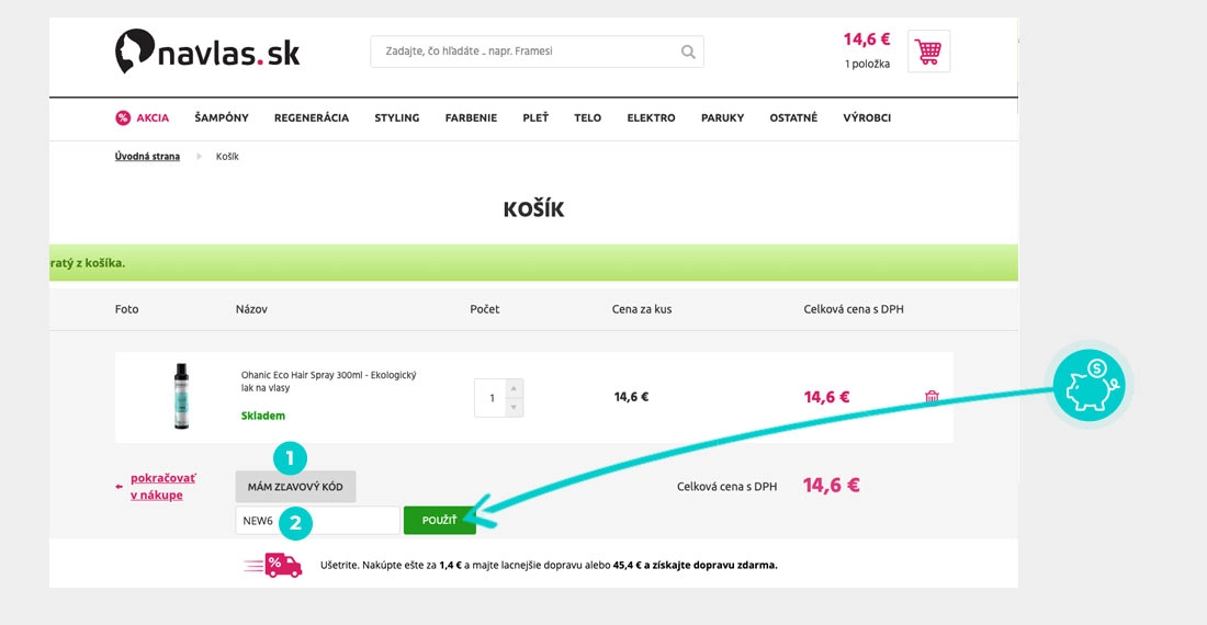 Návod ako uplatniť zľavový kód v košíku e-shopu Navlas.sk