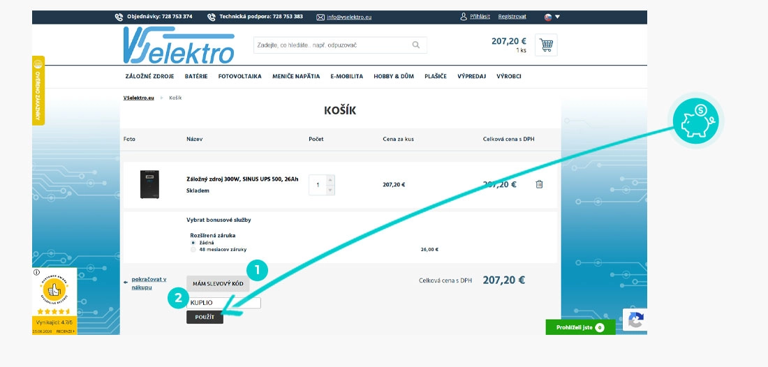 Návod ako uplatniť zľavový kód v košíku e-shopu VSelektro