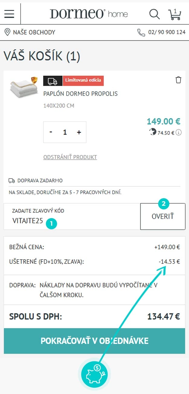 Návod ako uplatniť zľavový kód v košíku e-shopu Dormeo