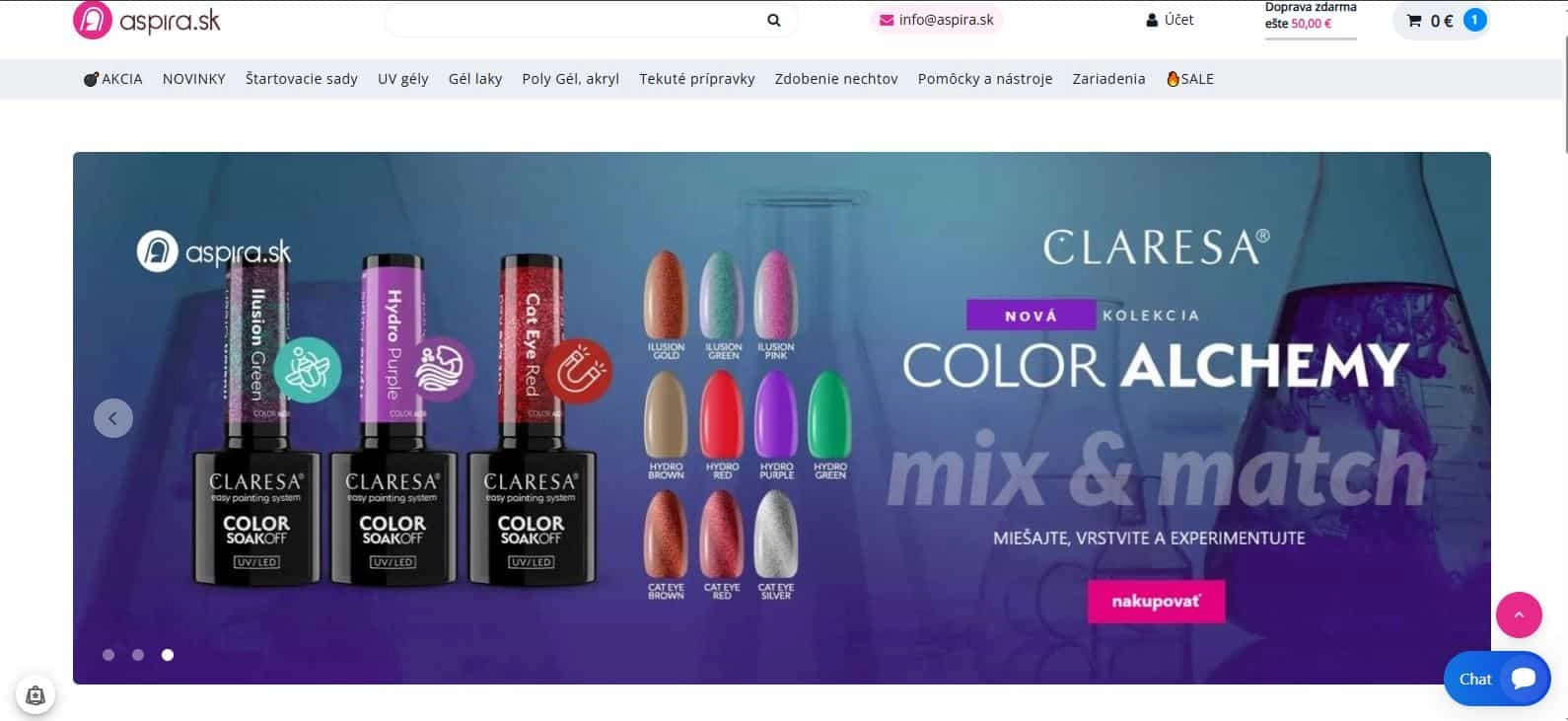 Homepage e-shopu Aspira, na ktorom je nová kolekcia lakov na nechty značky Claresa.