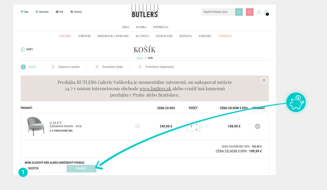 Návod ako uplatniť zľavový kód v košíku e-shopu Butlers