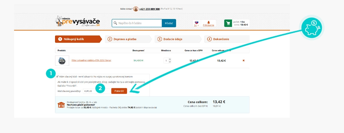 Návod ako uplatniť zľavový kód v košíku e-shopu Prevysávače.sk