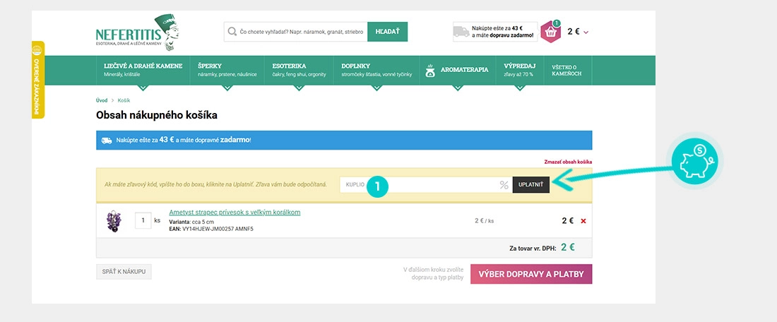 Návod ako uplatniť zľavový kód v košíku e-shopu Nefertitis