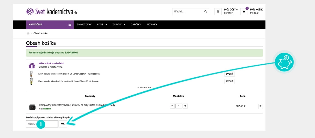 Návod ako uplatniť zľavový kód v košíku e-shopu Svet kaderníctva