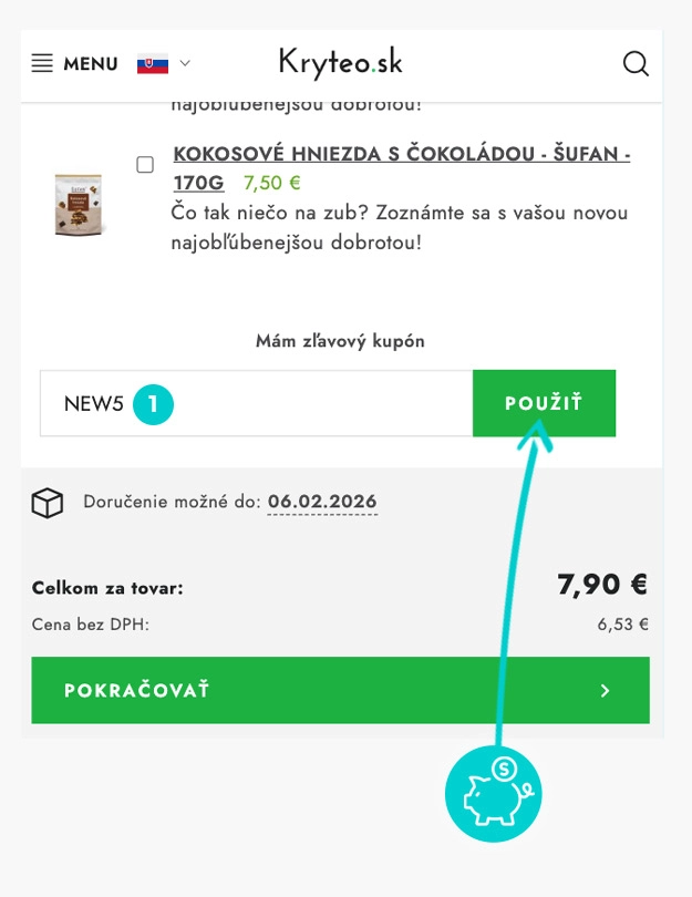 Návod ako uplatniť zľavový kód v košíku e-shopu Kryteo.sk