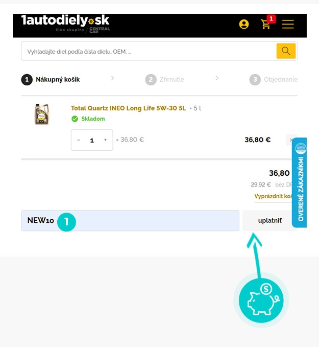 Návod ako uplatniť zľavový kód v košíku e-shopu 1autodiely