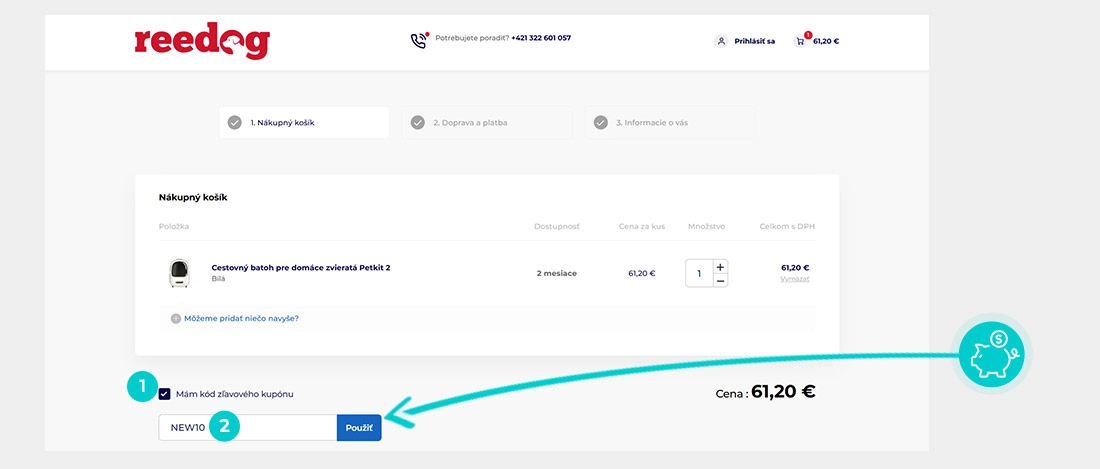 Návod ako uplatniť zľavový kód v košíku e-shopu Reedog