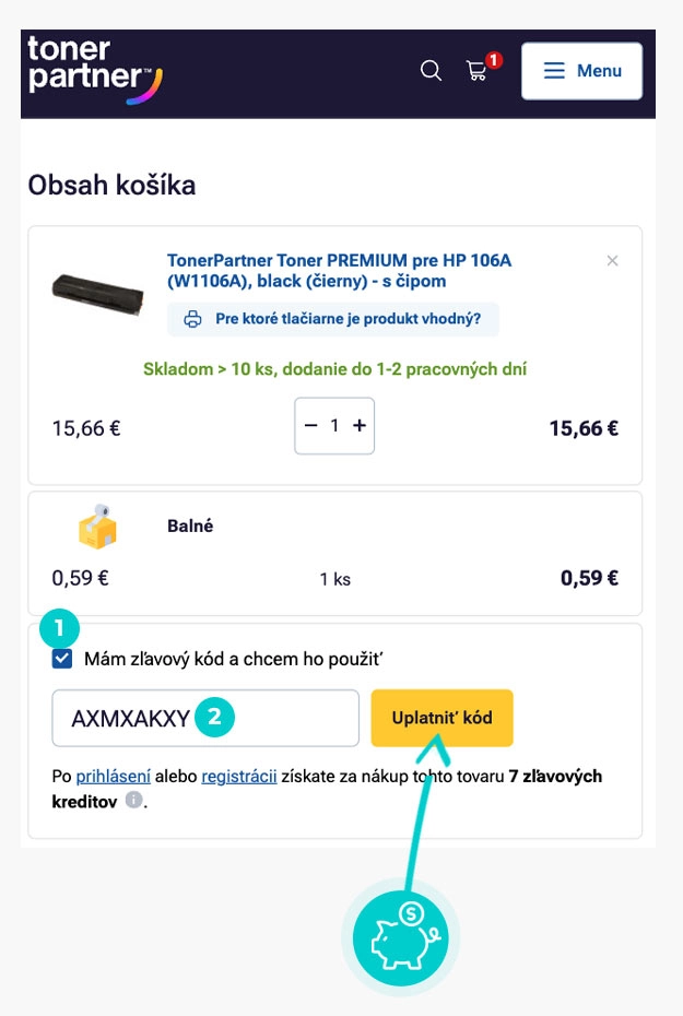 Návod ako uplatniť zľavový kód v košíku e-shopu TonerPartner