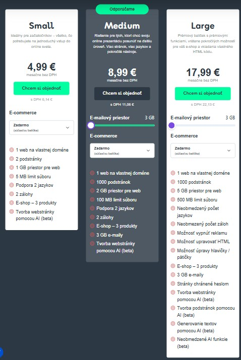 cenové balíky pre vytvorenie webstránky