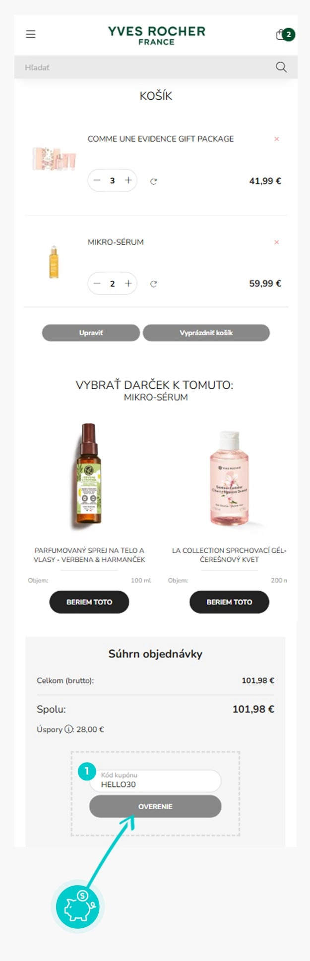 Návod ako uplatniť zľavový kód v košíku e-shopu Yves Rocher