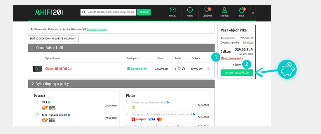 Návod ako uplatniť zľavový kód v košíku e-shopu Ahifi