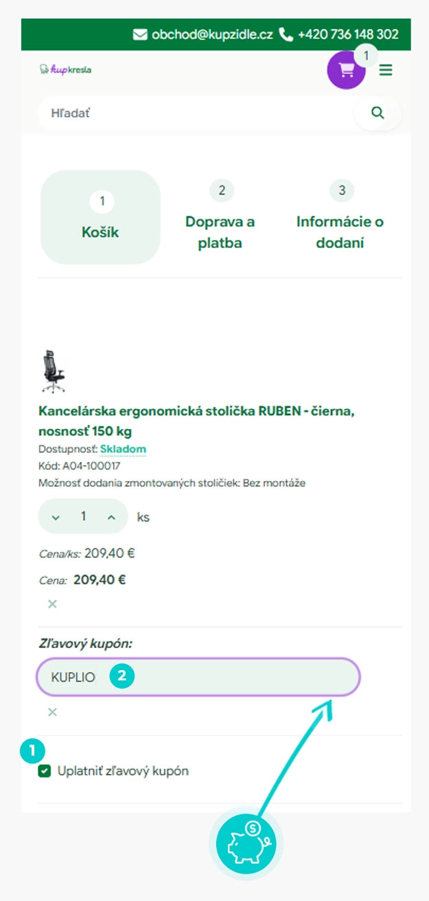 Návod ako uplatniť zľavový kód v košíku e-shopu Kupkresla.sk