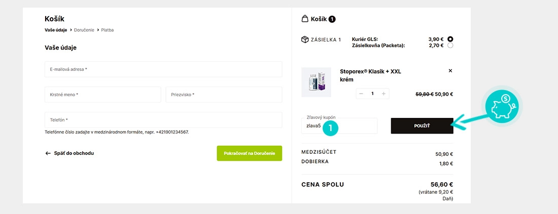 Návod ako uplatniť zľavový kód v košíku e-shopu Stoporex