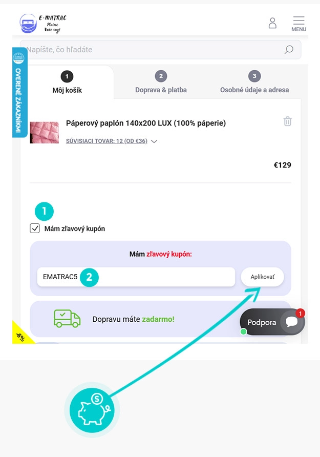 Návod ako uplatniť zľavový kód v košíku e-shopu E-matrac