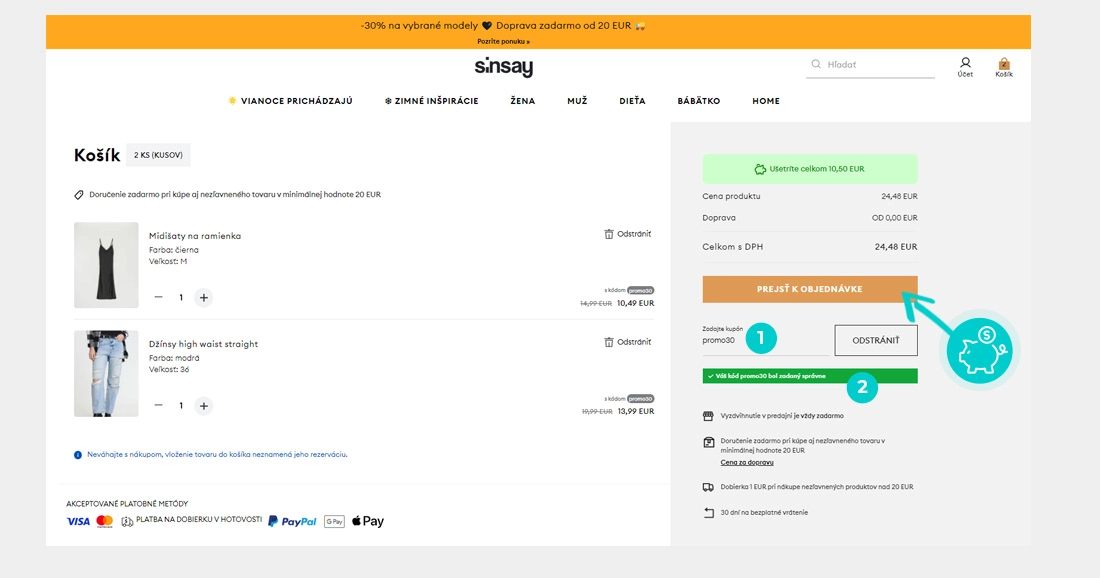 Návod ako uplatniť zľavový kód v košíku e-shopu Sinsay