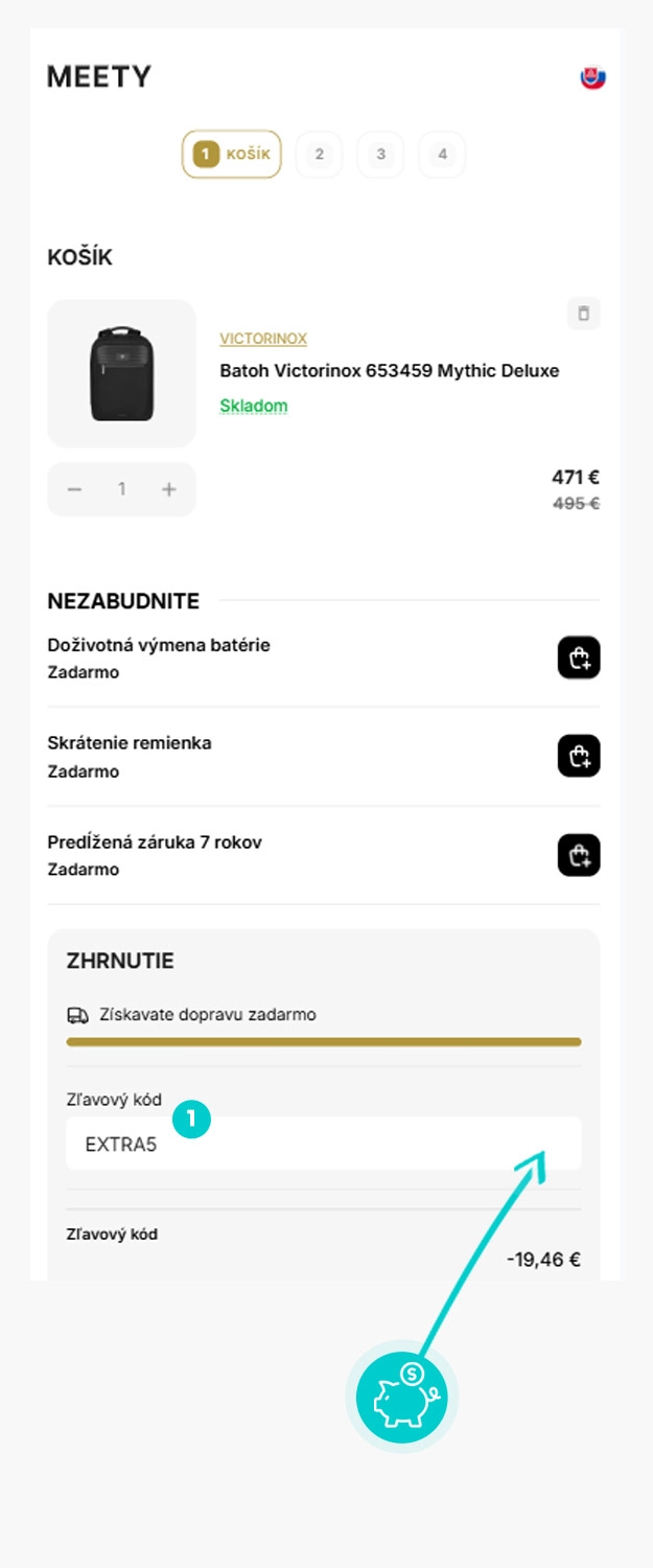 Návod ako uplatniť zľavový kód v košíku e-shopu Meetyshop