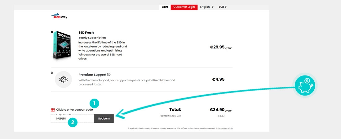 Návod ako uplatniť zľavový kód v košíku e-shopu Abelssoft