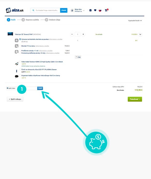 Návod ako uplatniť zľavový kód v košíku e-shopu UPC