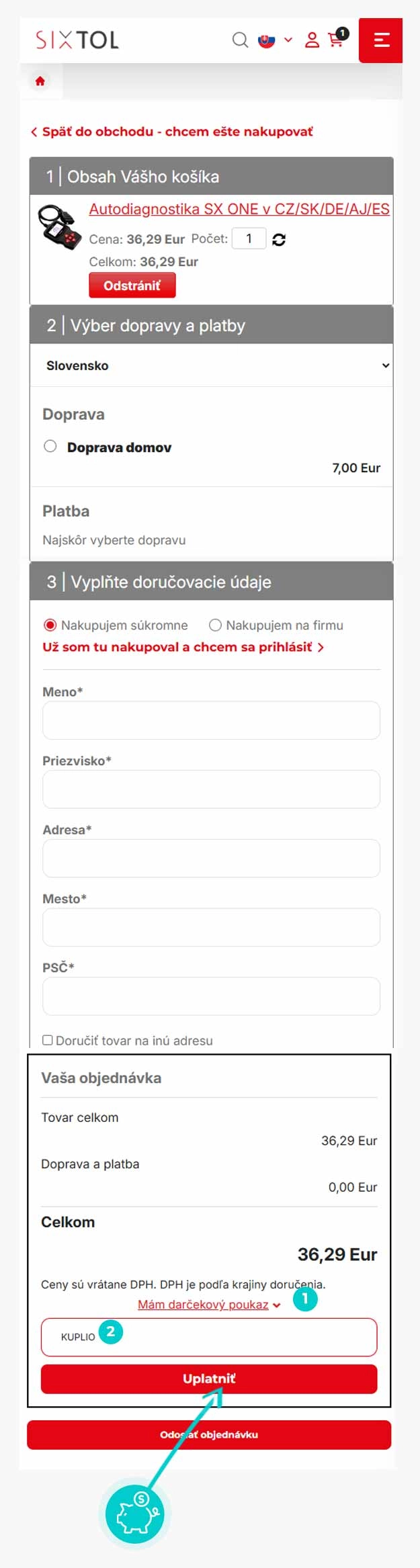 Návod ako uplatniť zľavový kód v košíku e-shopu Sixtol