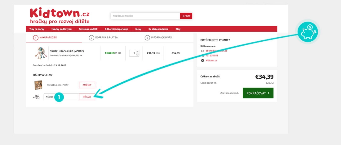Návod ako uplatniť zľavový kód v košíku e-shopu Kidtown