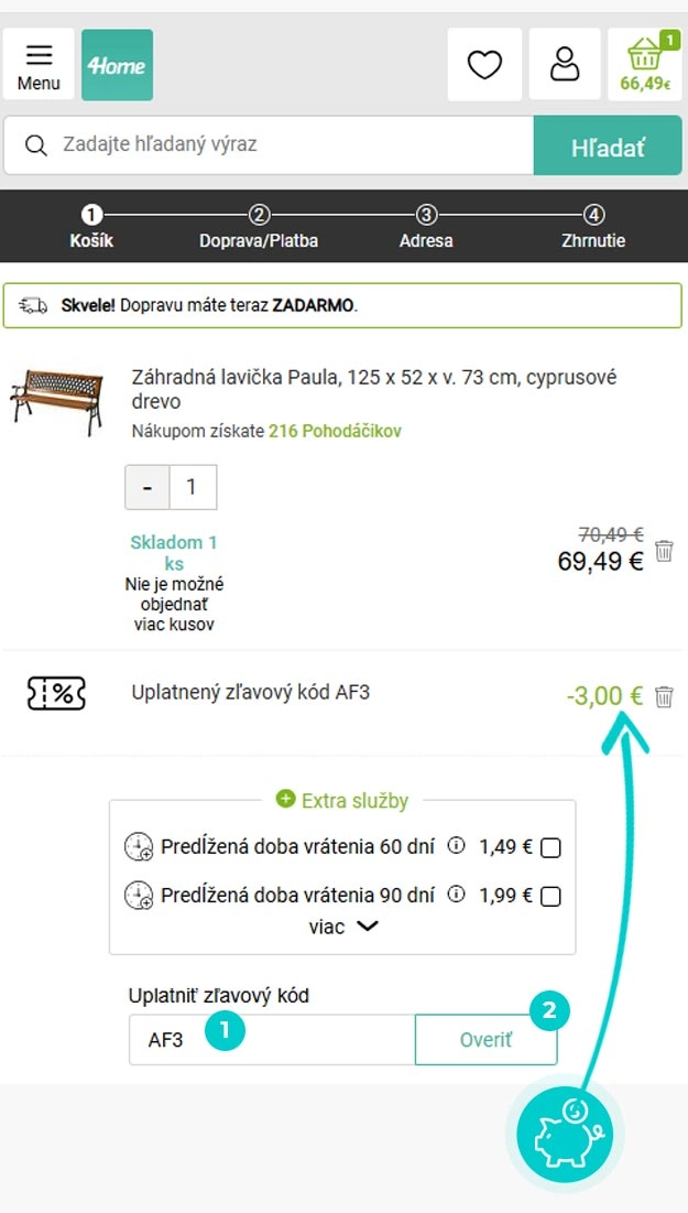 Návod ako uplatniť zľavový kód v košíku e-shopu 4home