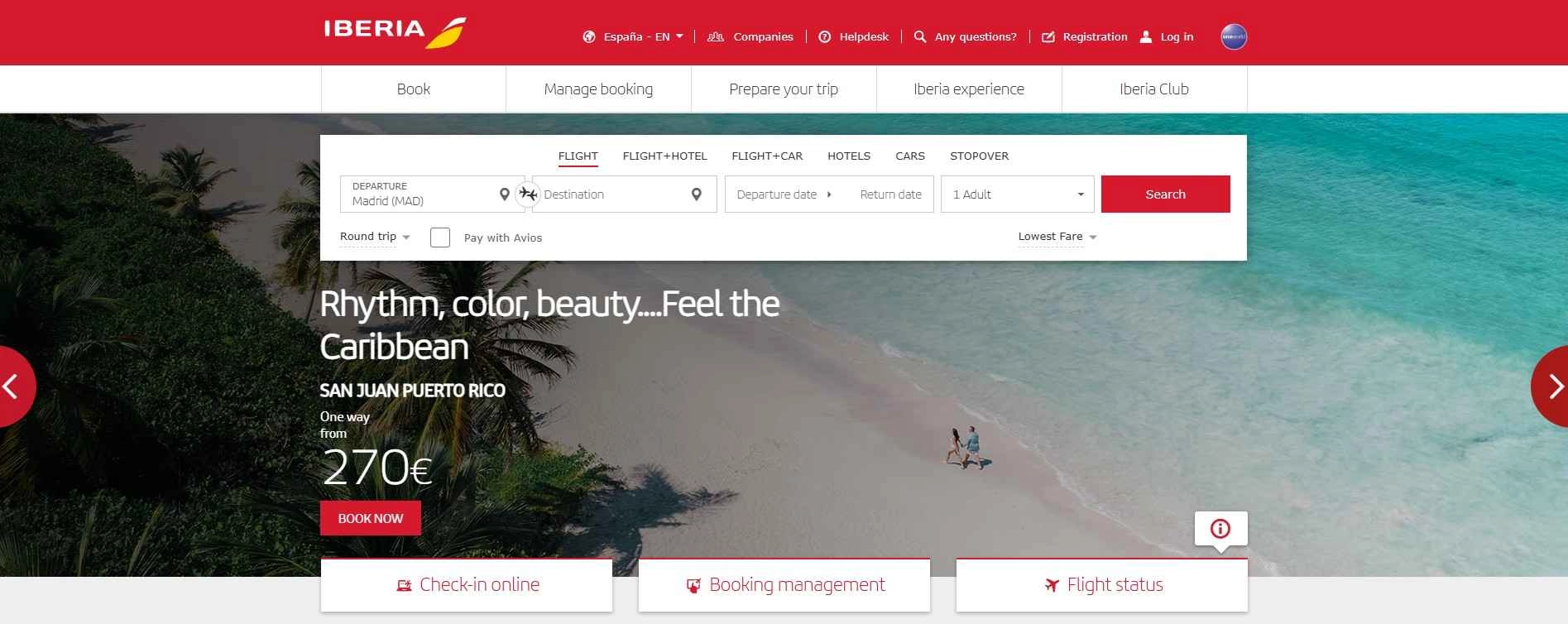 homepage Iberia s vyhľadávačom cestovných ponúk