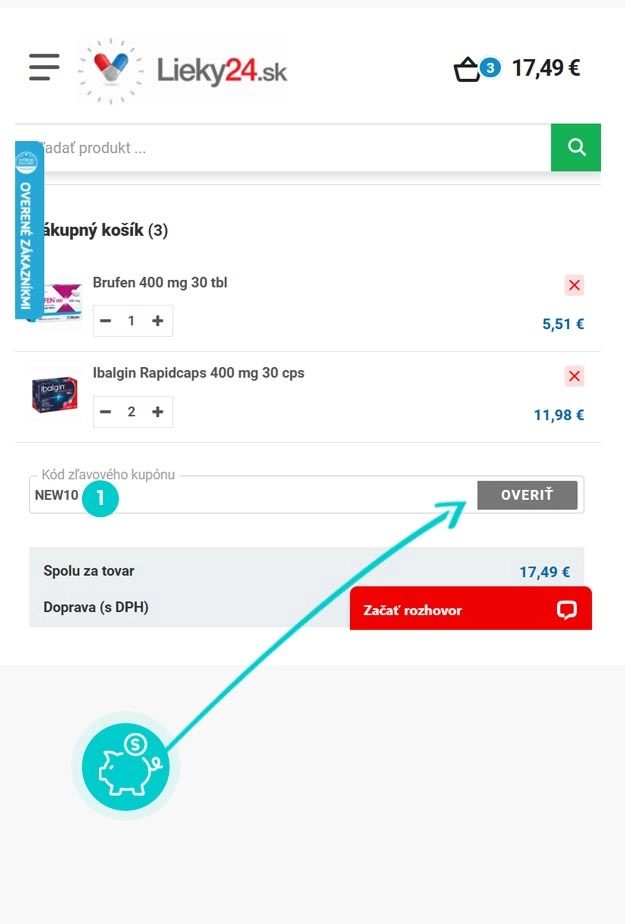 Návod ako uplatniť zľavový kód v košíku e-shopu Lieky24