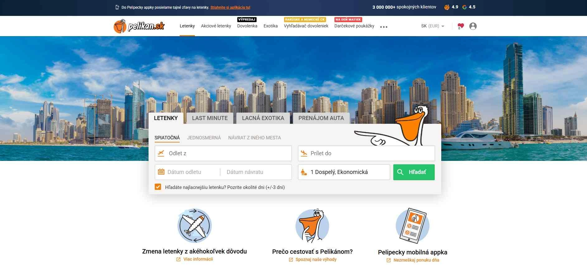 homepage Pelikán vyhľadávač leteniek Last Minute ponuky výhodné dovolenky