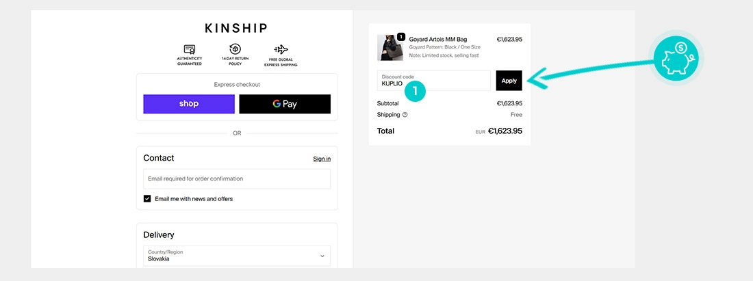 Návod ako uplatniť zľavový kód v košíku e-shopu Kinship