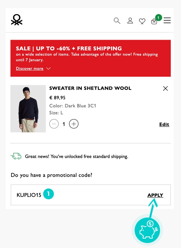 Návod ako uplatniť zľavový kód v košíku e-shopu Benetton