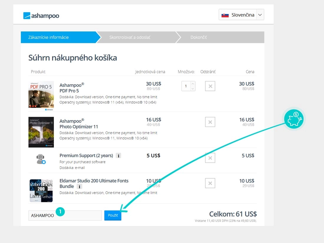 Návod ako uplatniť zľavový kód v košíku e-shopu Ashampoo