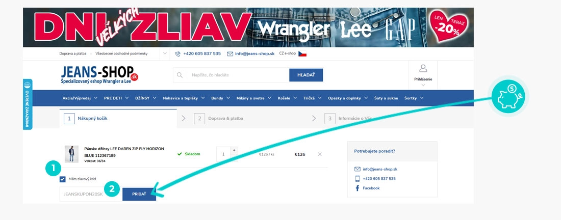 Návod ako uplatniť zľavový kód v košíku e-shopu Jeans-Shop.sk