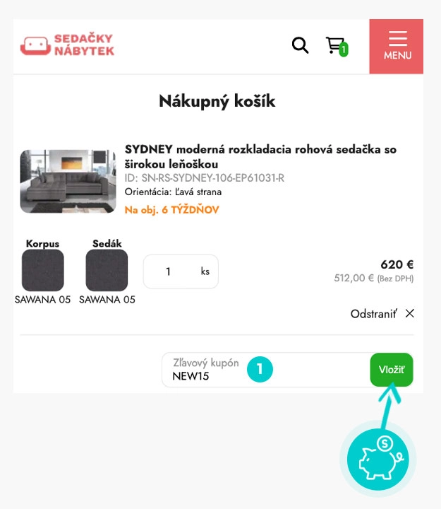 Návod ako uplatniť zľavový kód v košíku e-shopu Sedačky nábytok