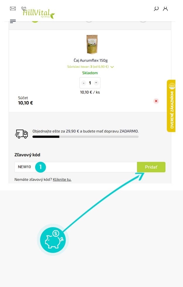 Návod ako uplatniť zľavový kód v košíku e-shopu HillVital