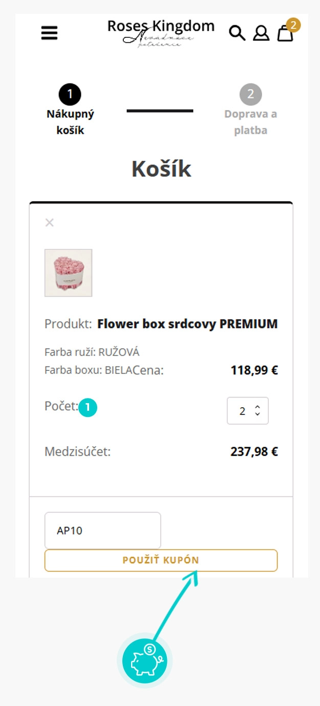 Návod ako uplatniť zľavový kód v košíku e-shopu Roses Kingdom